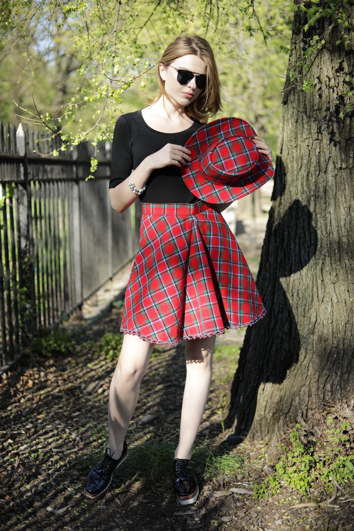 A Line Pleated Tartan Skirt-front