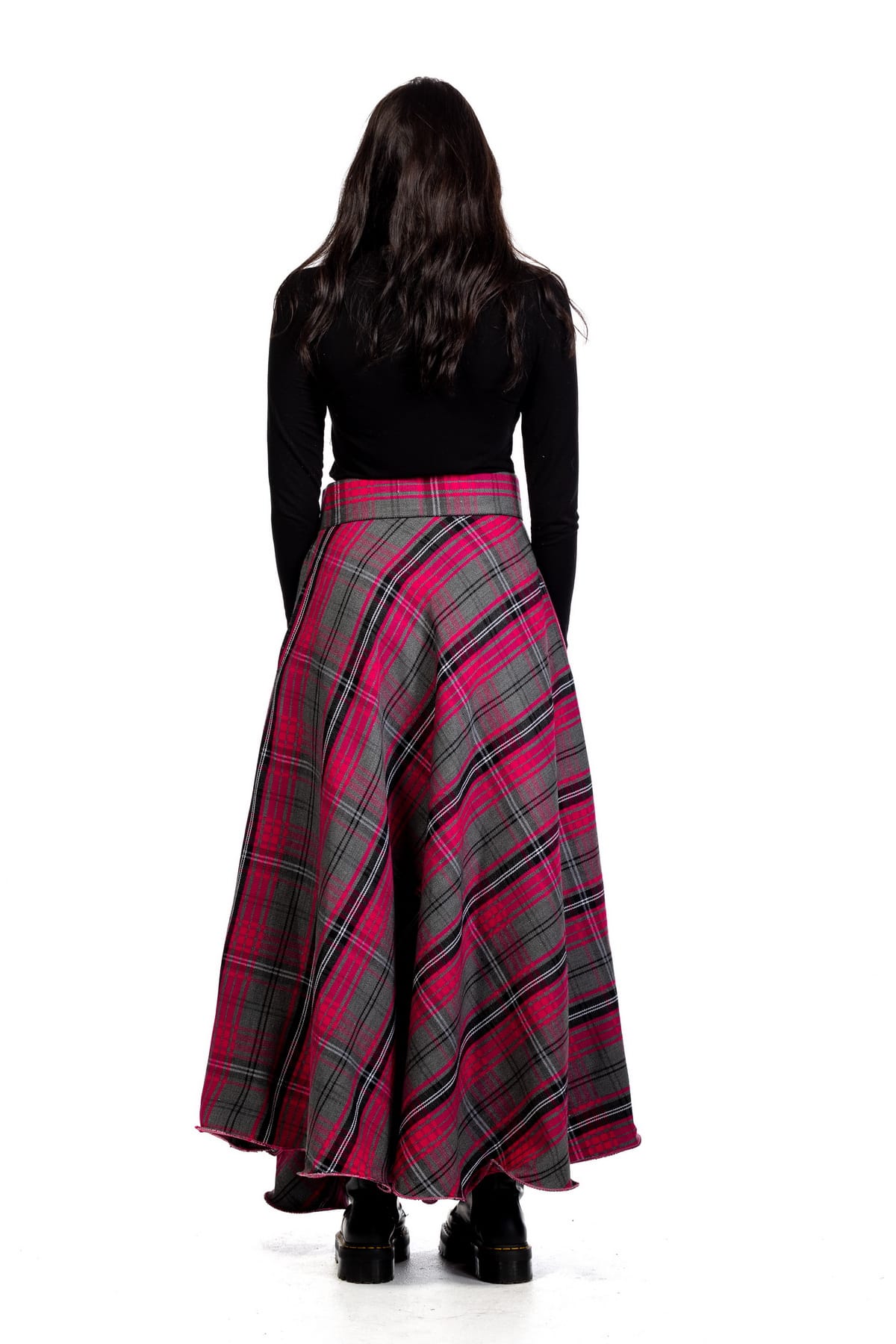 Long Plaid Tartan Skirt – Button Zipped-back